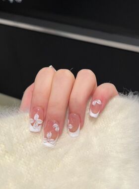 【白皙】穿戴甲纯手作白色法式裸色雕花美甲欧美跨境外贸甲