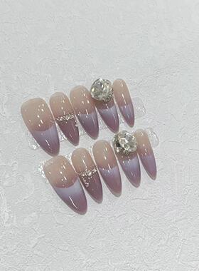 东海穿戴甲手工美甲贴成品紫色渐变法式指甲贴片高级感长款甲