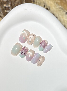 【星语海棠】温柔紫色短款猫眼美甲法式雕花手工穿戴甲甲片