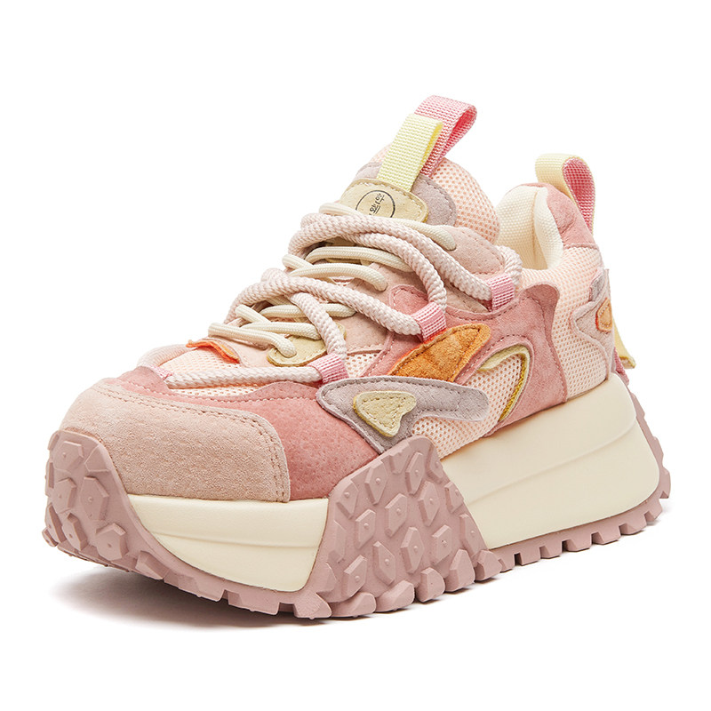 复古拼色老爹鞋女2025春季新款真皮粉色网面厚底增高休闲运动鞋潮,淘宝优惠券,粉丝福利购,淘宝优惠卷