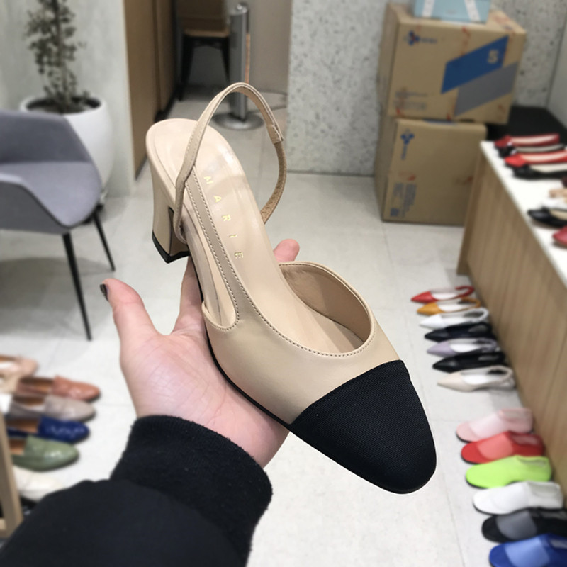 小小苏单鞋女撞色圆头浅口后绊带侧空小粗跟通勤OL高跟鞋B06F - 图0