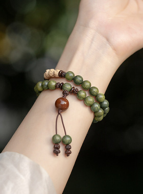 原创老料绿檀木佛珠手串女森系学生檀香百香籽手链情侣民族风男女