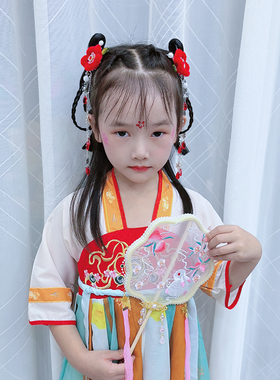 秋冬春节汉服发饰马面裙唐装红色喜庆头饰超萌女童花朵毛球边夹