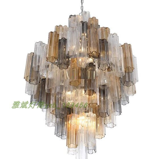 French light luxury glass staircase long chandelier Murano medieval atmosphere high-end living room empty villa duplex building