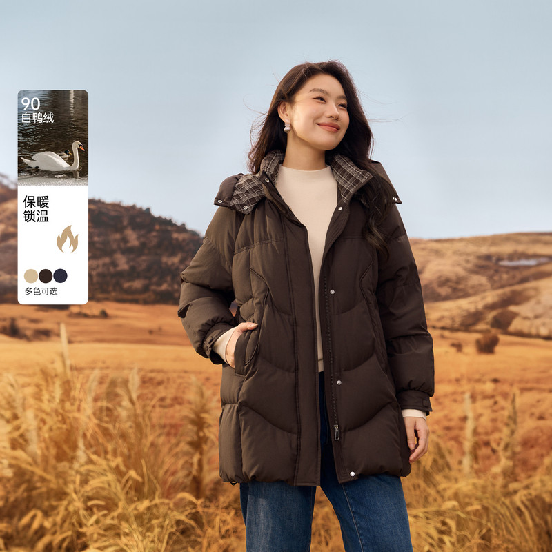 【格子拼接羽绒服】纤莉秀大码女装舒适保暖中长款外套胖mm冬新款