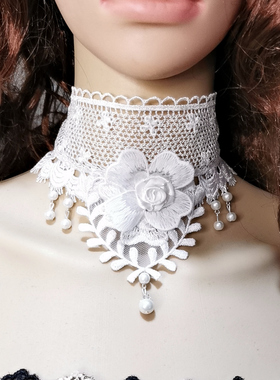 欧美风加宽遮盖脖链蕾丝颈链饰品女花朵白色珍珠项链