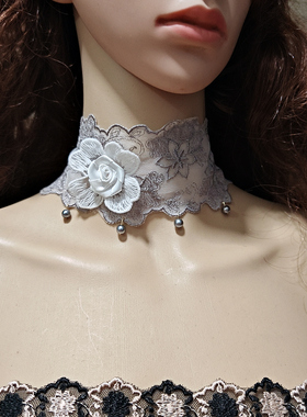 原创新款欧美复古蕾丝项链花朵仙女花嫁洛丽塔颈链灰色珍珠脖带