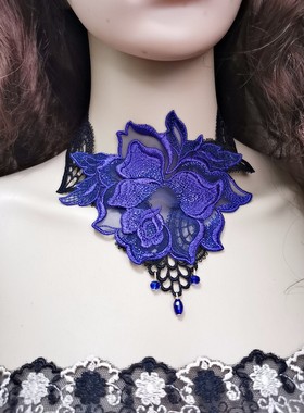 宝蓝色项链颈饰糖蕾丝锁骨链女