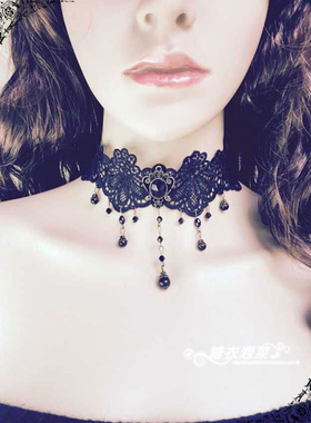 2026蕾丝颈链 项链 黑色水晶女配饰品 晚会影视欧美风配饰