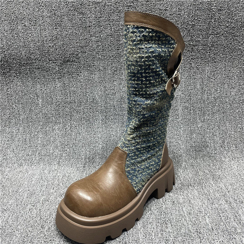 断码处理粗跟厚底瘦瘦靴洋气百搭牛仔布拼接中筒靴秋冬款单靴子女,淘宝优惠券,粉丝福利购,淘宝优惠卷