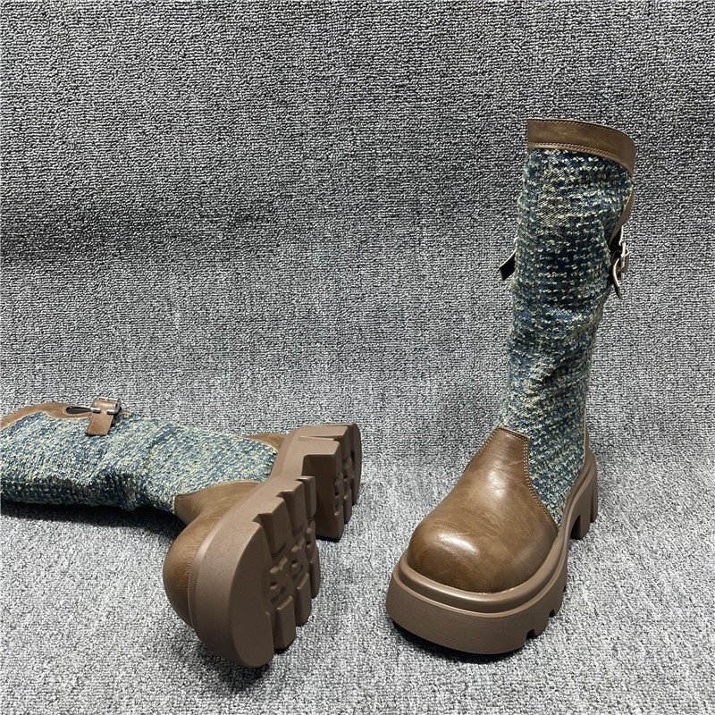 断码处理粗跟厚底瘦瘦靴洋气百搭牛仔布拼接中筒靴秋冬款单靴子女,淘宝优惠券,粉丝福利购,淘宝优惠卷