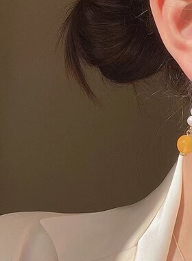 原创设计温婉气质轻复古国风黄色吊坠珍珠耳坠耳环耳钉七夕礼物女