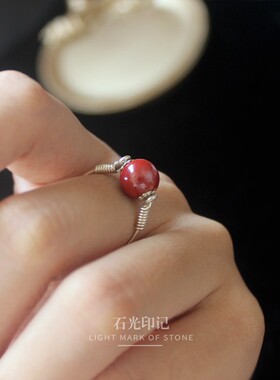 可转动纯银朱砂女士戒指