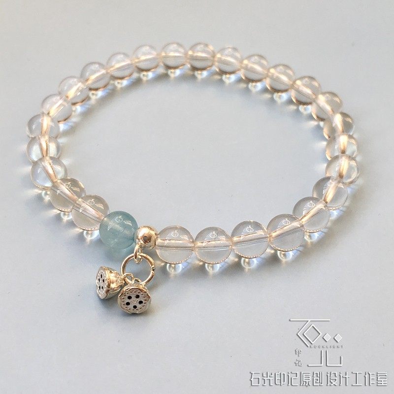 清凉一夏。天然白水晶海蓝宝手链女纯银莲蓬吊坠手串五行喜水 - 图2