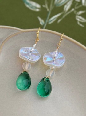 新中式手作水滴荷叶流苏汉服耳环