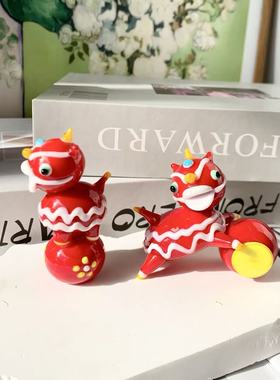 卡通红色舞狮琉璃桌面摆件礼盒