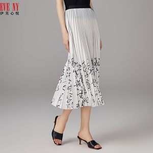 EVENY伊芙心悦夏季新款a字半身裙女国风印字松紧腰百褶裙子
