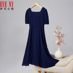 EVE‘NY/伊芙心悦夏季新款方领收腰显瘦小个子雪纺连衣裙女