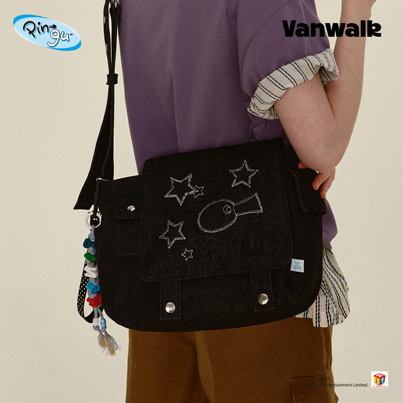 VANWALK Pingu企鹅大容量通勤黑色牛仔单肩斜挎包女百搭邮差包ins,淘宝优惠券,粉丝福利购,淘宝优惠卷