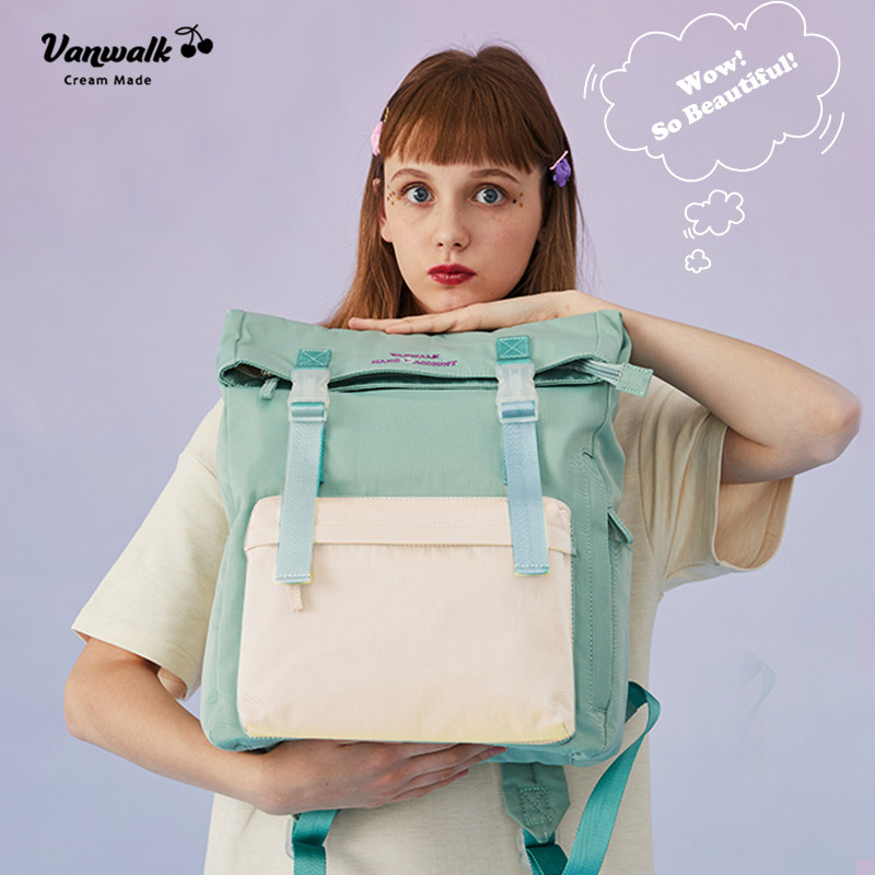 vanwalk纯色女日系手提出走电脑包 出走双肩背包