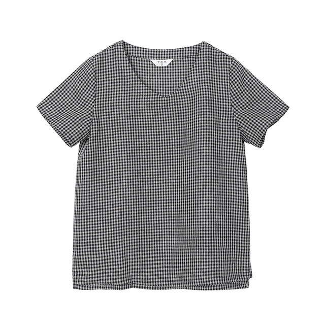 Small Town Moon/Shimu Mi original summer style 100% yarn-dyed linen plaid artistic versatile top T-shirt for women