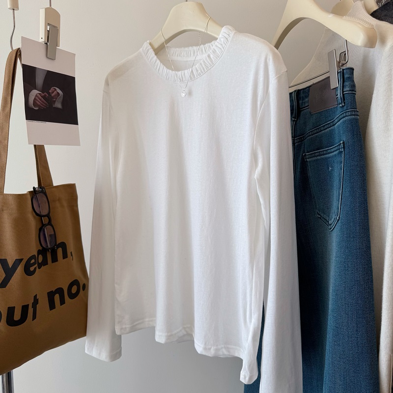 韩国one 领口小特色 舒适好穿圆领套头后贝壳扣长袖叠搭打底T恤女 - 图0