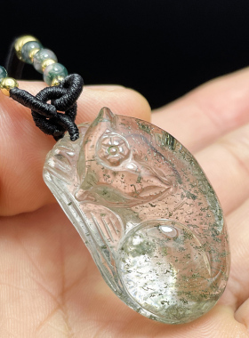 天然水晶绿幽灵九尾狐吊坠趴趴狐