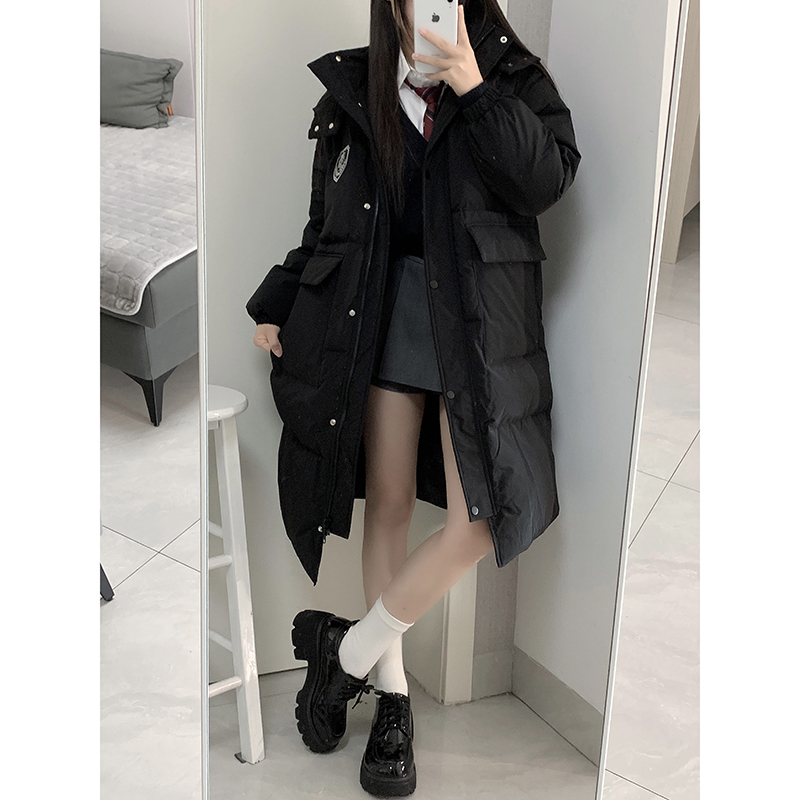藤野高羽绒服女中长款学院风连帽黑色小个子保暖外套东京岁时记JK - 图2