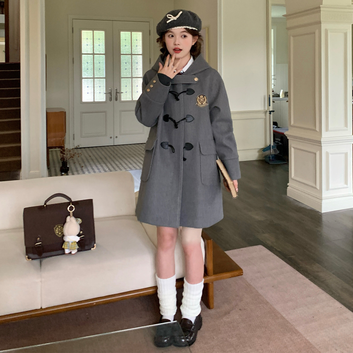 东京岁时记jk秋冬新款牛角扣连帽大衣灰色中长款毛呢外套莱克学院,淘宝优惠券,粉丝福利购,淘宝优惠卷