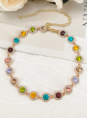 春夏新款彩色满钻项链女高级百搭小众设计感颈链精致多巴胺锁骨