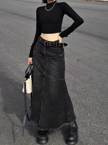 复古毛边A字鱼尾牛仔长裙女2025夏季新款大码高腰宽松显瘦半身裙 - 图3