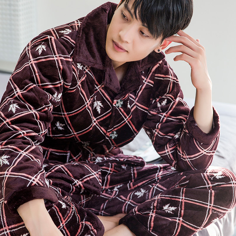 睡衣男士加厚三层珊瑚绒夹棉法兰绒棉袄大码长袖家居服套装外穿,淘宝优惠券,粉丝福利购,淘宝优惠卷