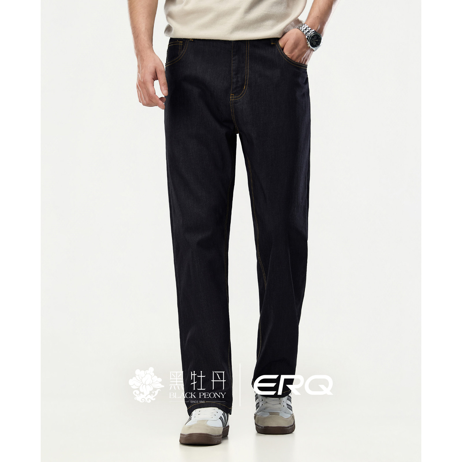 ERQ Cool Tencel Lyocell Elastic Waist Casual Loose Men's Jeans Straight Stretch Tencel
