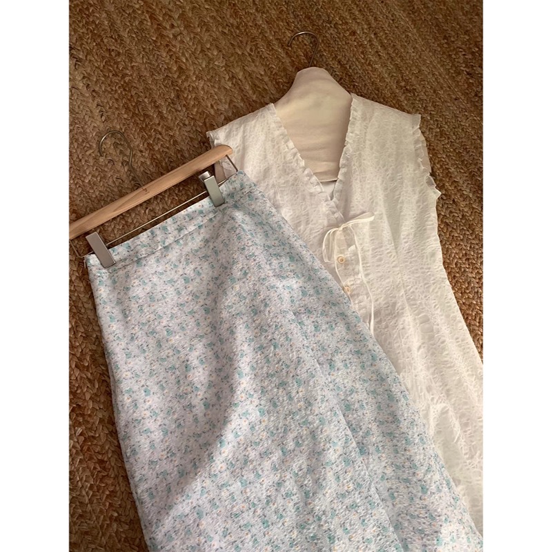 韩系文艺风白色开衫连衣裙浅蓝色半裙叠穿套装一整套夏季开叉裙子