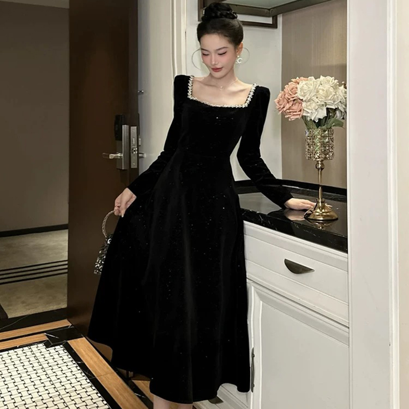 法式高级感宴会晚礼服女装赫本风显瘦穿搭名媛气质高腰丝绒连衣裙 - 图0