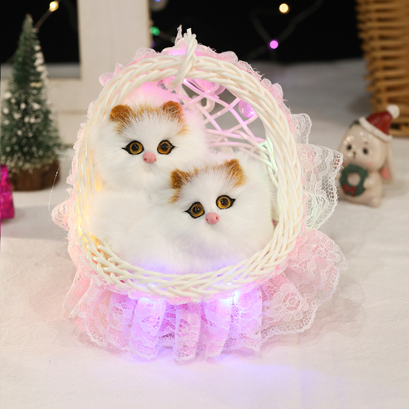 两只小猫咪会叫发光花篮仿真动物摆件皮毛狗狗兔子玩具迷你母子猫