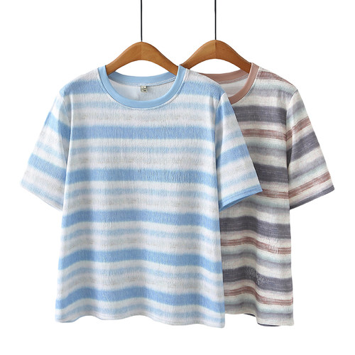 扎染彩条短袖T恤女2025夏季新款大码女装宽松洋气胖MM毛巾棉上衣 - 图1