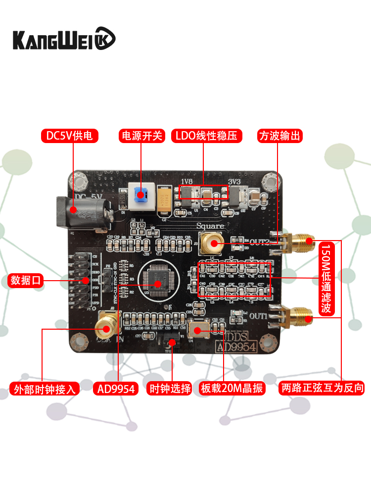 AD9954 DDS信号发生器模块 正弦波方波射频信号源 400M主频开发板