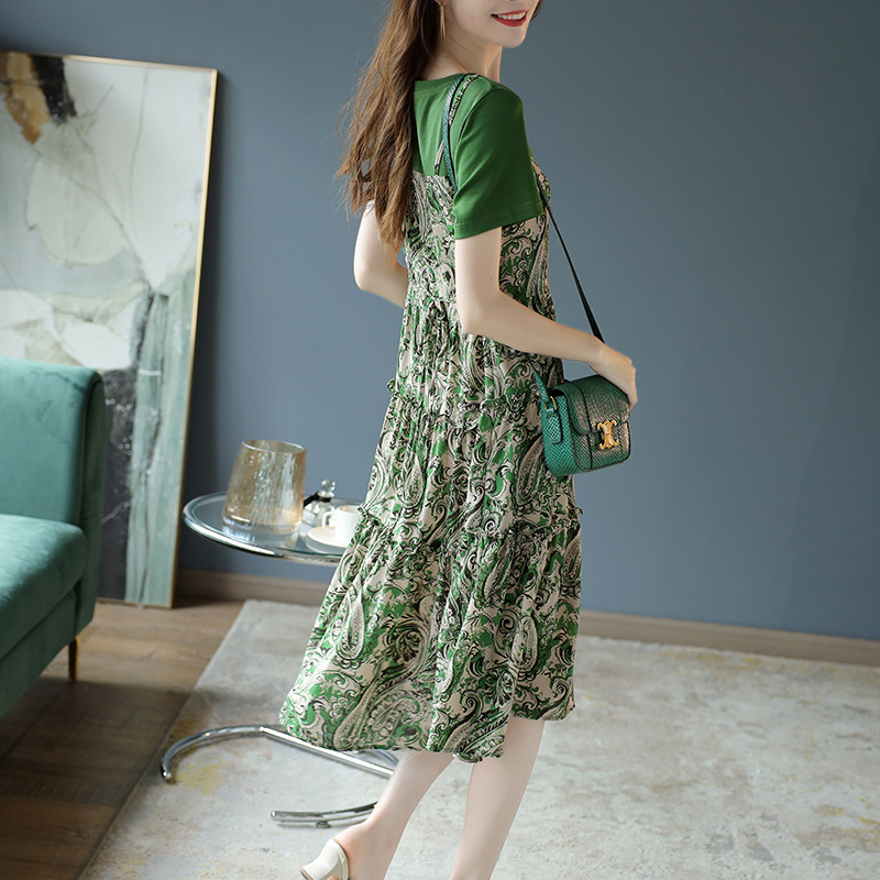 宝诗黎假两件吊带印花连衣裙女2025夏季新款拼接宽松雪纺裙子短袖,淘宝优惠券,粉丝福利购,淘宝优惠卷