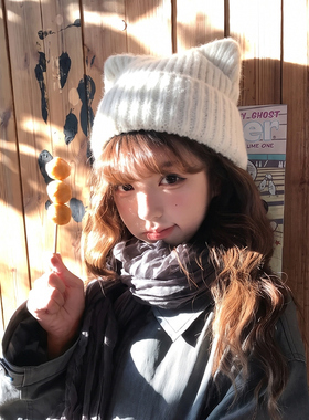 可爱猫耳软妹针织帽女秋冬百搭保暖显脸小新款加厚ins风套头冷帽