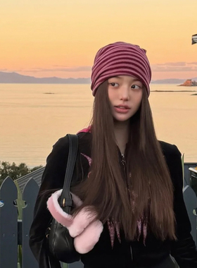 韩系小众条纹张元英同款堆堆帽女宽松显脸小时髦复古撞色包头帽潮