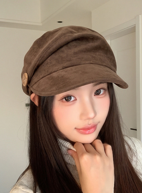日系古着甜美灰色纽扣贝雷帽女秋冬百搭新款显脸小文艺时尚画家帽