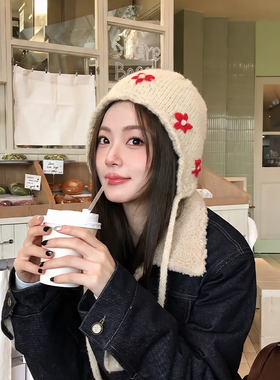 针织护耳花朵绑带包头帽女秋冬甜美保暖显脸小休闲通勤防寒毛线帽