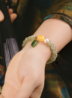 和田碧玉晴水青玉蜜蜡手串原创