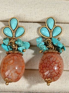 锁玛瑙设计师高级感vintage石中古天然耳饰短款套装项链夸张小众