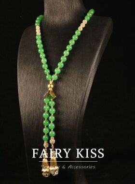 宫廷风Y字链绿色石头精致细腻密镶满钻时尚项链 长款个性百搭饰品