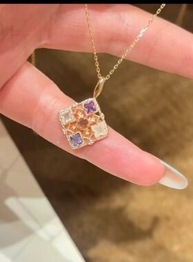 S925纯银日系花窗天然彩宝吊坠项链法式花丝方块温柔轻奢锁骨链女