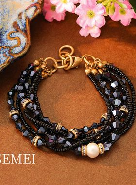 项链个性套装国风琉璃复古黑色珍珠项链耳饰长款串珠手链