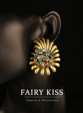 法式复古夸张花朵电镀老金密镶满钻项链套装复古回流精致优雅饰品