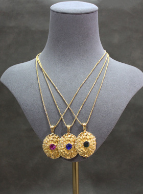 【孤品清仓】中古风出口订单多彩水晶黄铜镀金花朵耳拍素金链耳钉